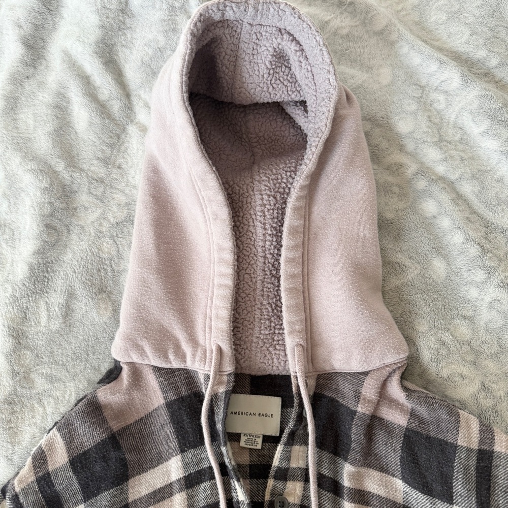 American Eagle Plaid Flannel Shirt with Hood - Picture 5 of 6